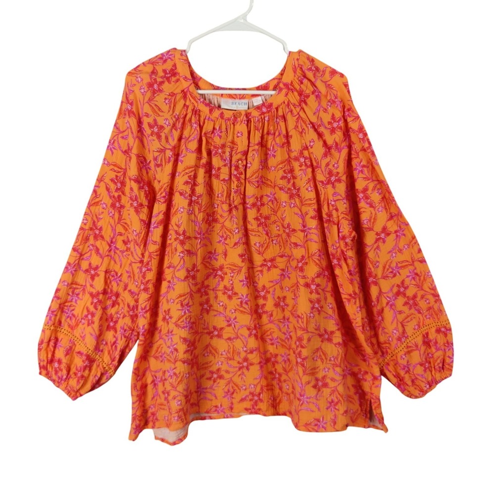 Belle Beach Womens Boho Coastal Gauze Henley Breathable Top 1X Orange Floral